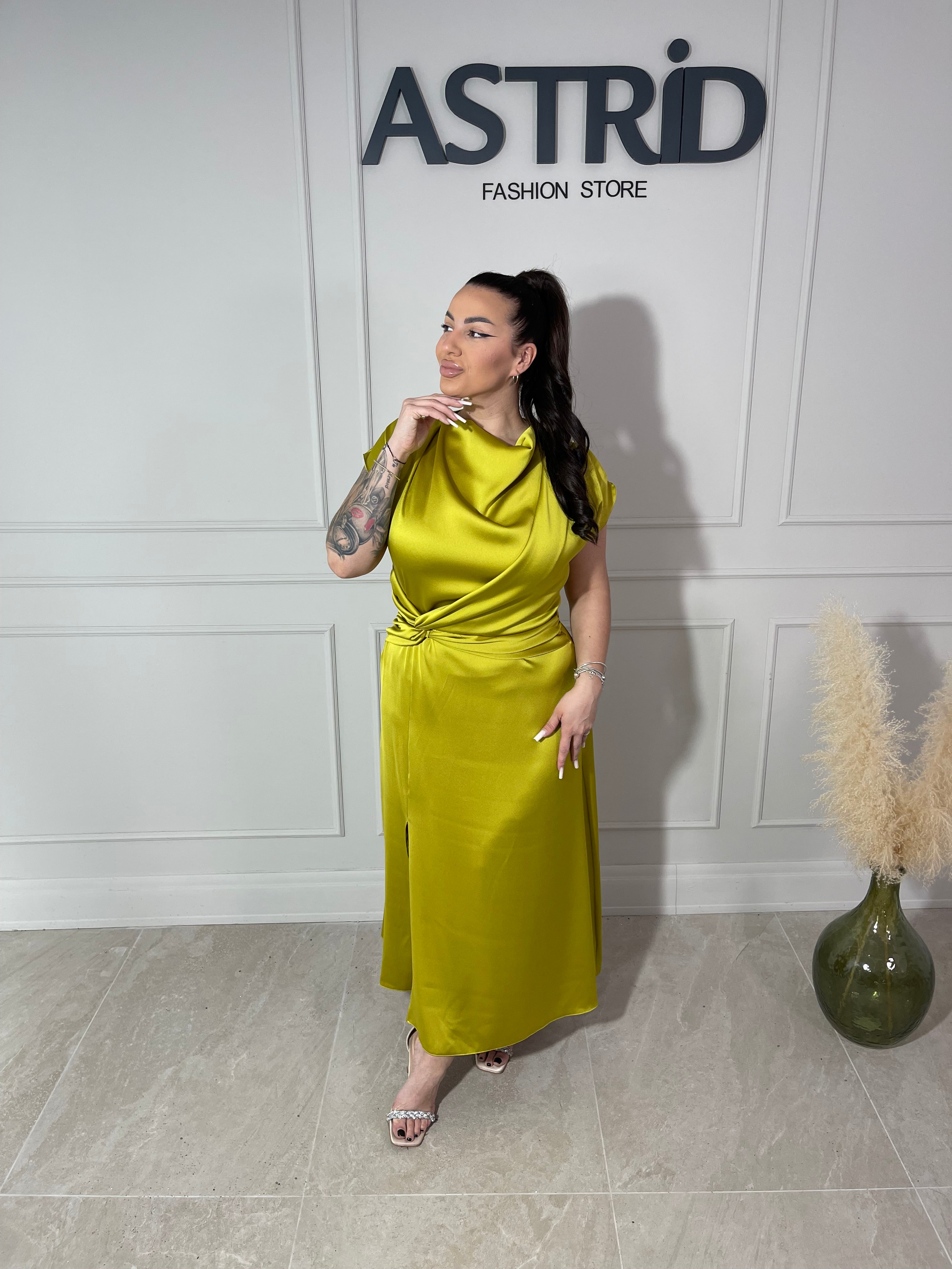 Rochie Zaira midi din satin cu nod în talie
