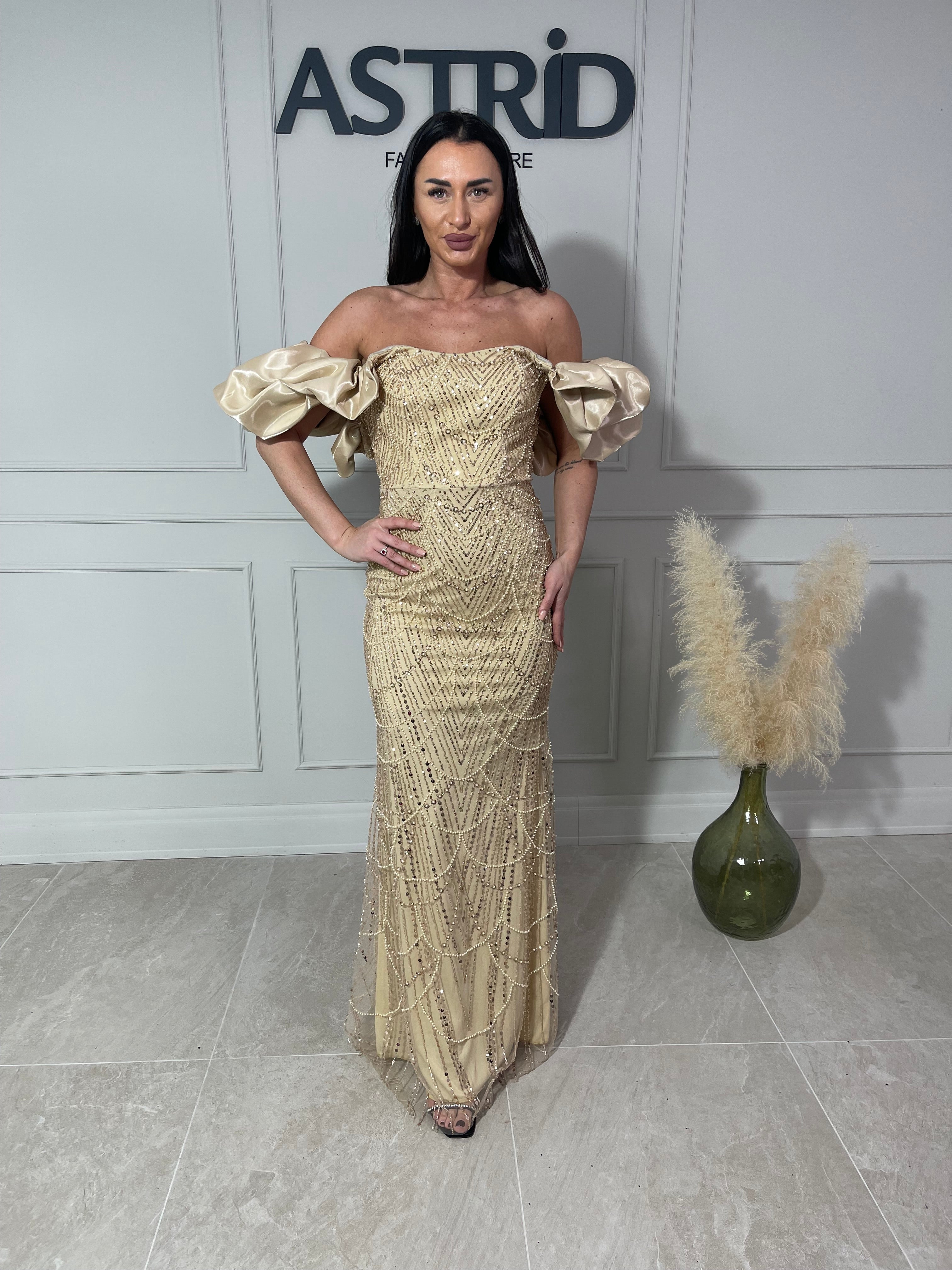 Rochie Amelie lungă din paiete cu mânecă bufantă