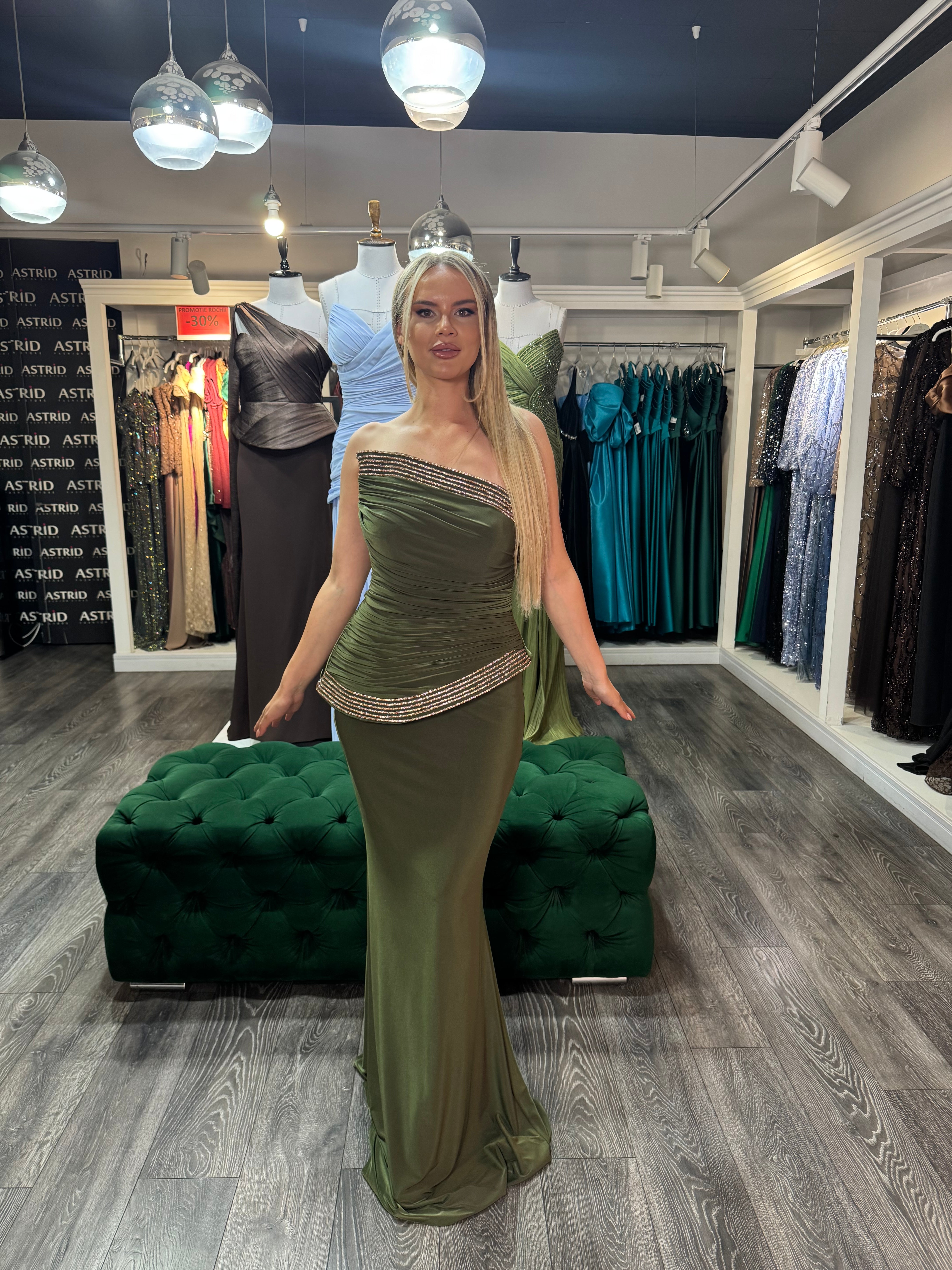 Rochie Aylin lunga olive cu corset aplicatii aurii