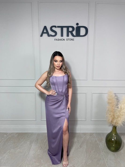 Rochie Zaya lungă din satin tip corset cu nod în talie și crăpătură pe picior