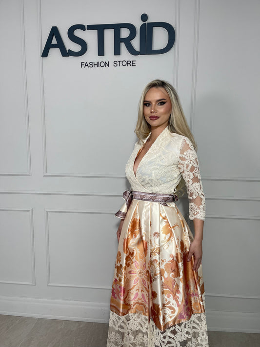 Rochie Mira midi elegantă, cu imprimeu tip dantelă și croiala feminină, ce evidențiază silueta.