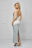 Rochie maxi, gri, din tafta, accesorizata cu dantela pretioasa, bretele late