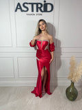 Rochie Bella lungă din satin pietre la bust și talie mâneci bufante detașabile
