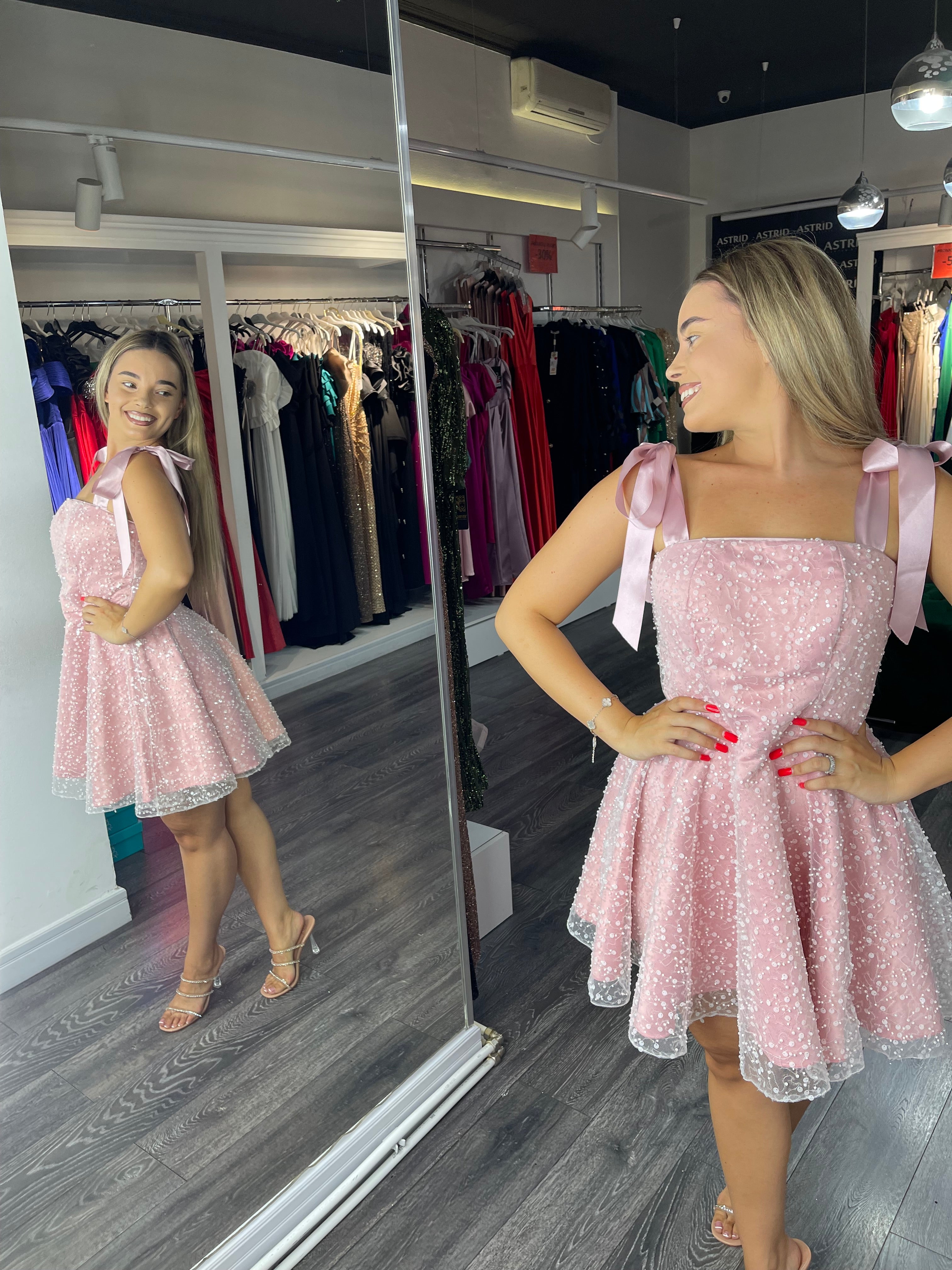 Rochie Amina scurta, roz, babydoll, bretele late