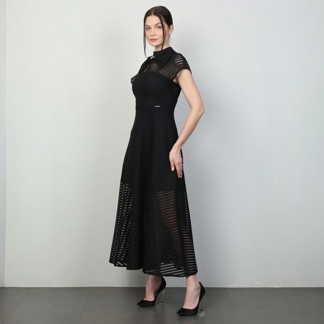 Rochie Estera midi în cloș cu funda la gât neagă