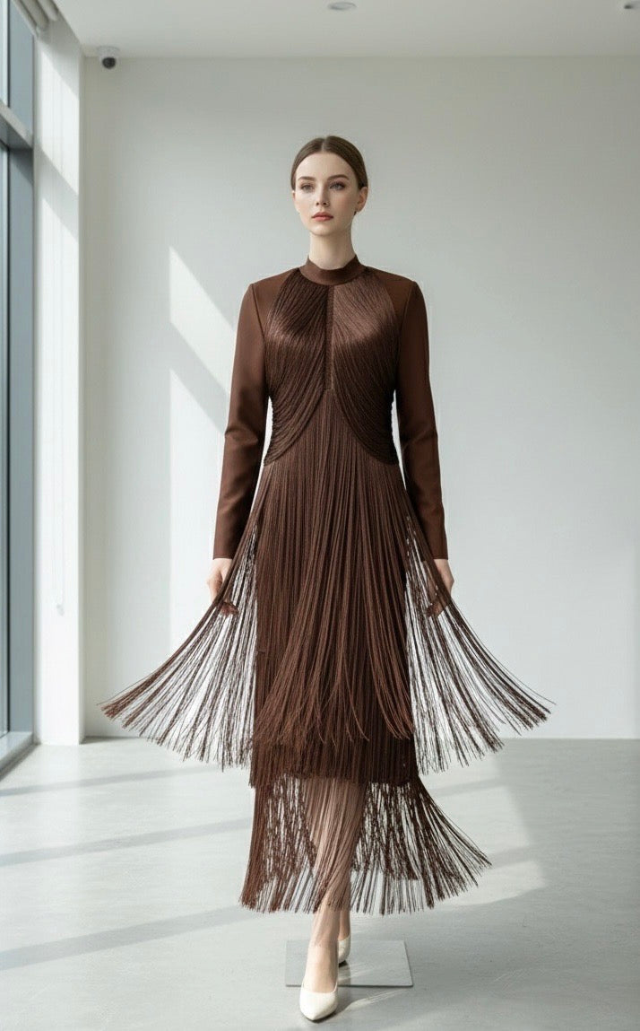 Rochie Edwina midi din bandaj cu maneca lunga si franjuri