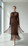 Rochie Edwina midi din bandaj cu maneca lunga si franjuri