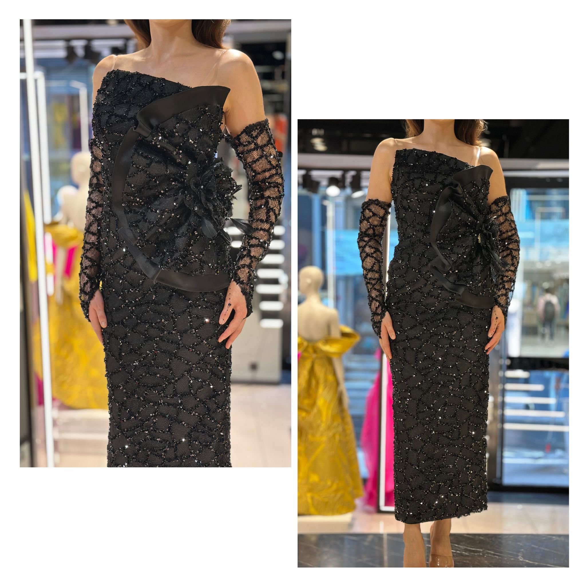 Rochie Belize midi cu mâneci detașabile și aplicații paiete și sclipici