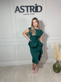 Rochie Yuli midi falduri în talie și volane lateral