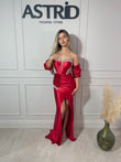 Rochie Bella lungă din satin pietre la bust și talie mâneci bufante detașabile