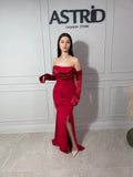 Rochie Evelinn lungă cu falduri în talie și mânecă lungă
