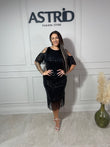 Rochie Vanessa midi umeri decupați aplicații paiete și franjuri
