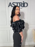 Rochie Kleo midi neagră cu aplicații perle și mâneci bufante