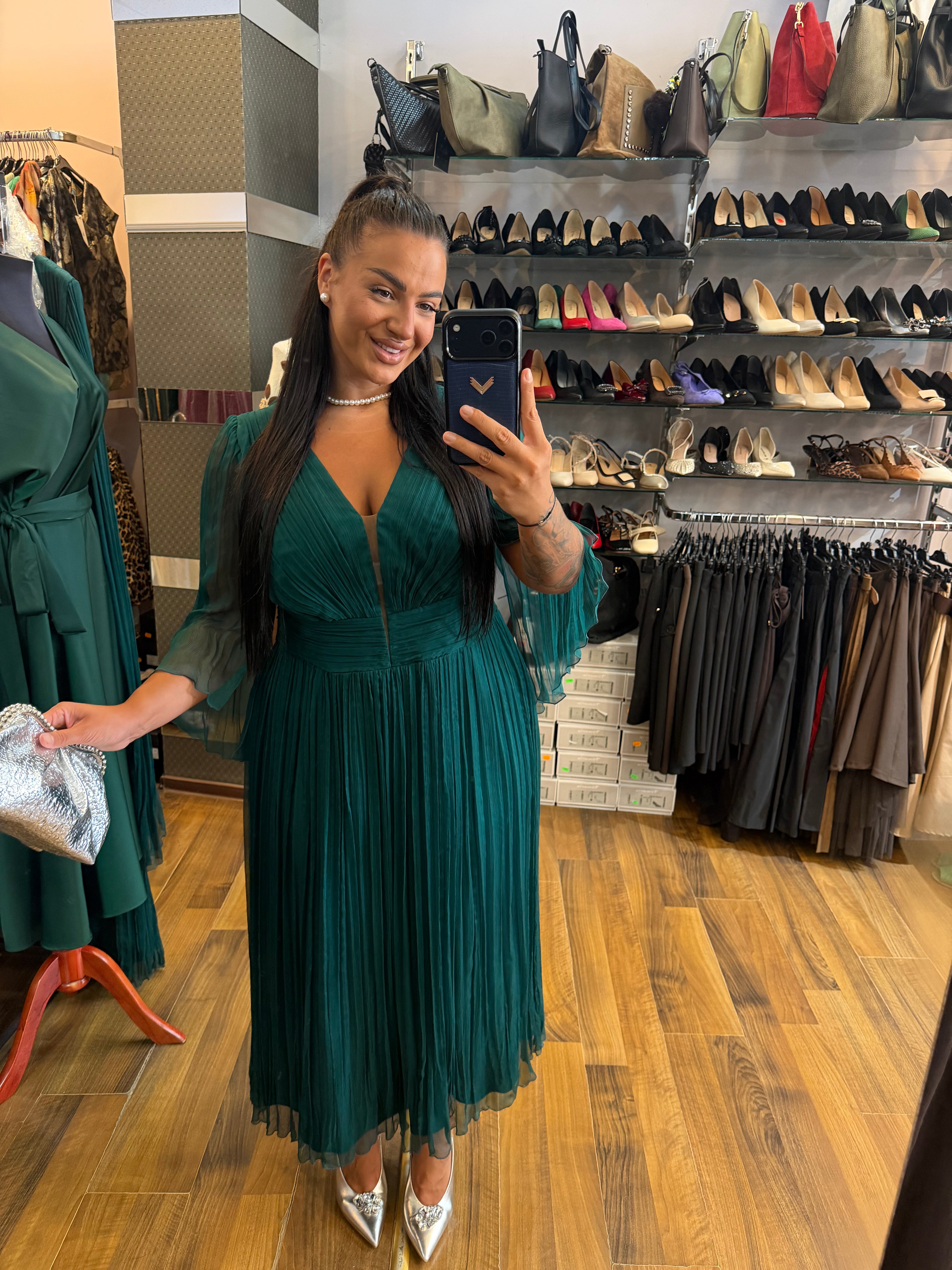 Rochie Edwina midi din matase naturala cu maneci trei sfert