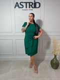 Rochie Nabila midi verde falduri în talie și mânecă scurtă