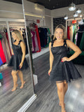 Rochie Amina  neagra baby doll din dantela, bretele late