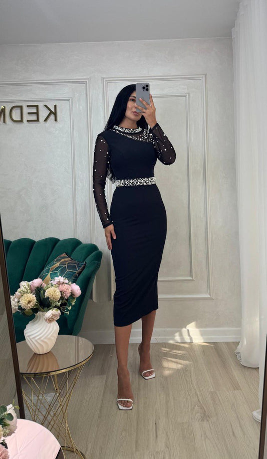Rochie Alis midi cu aplicatii perle si pietre albe si argintii