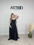 Rochie Eva lungă din satin tip corset și aplicații pietre la bust