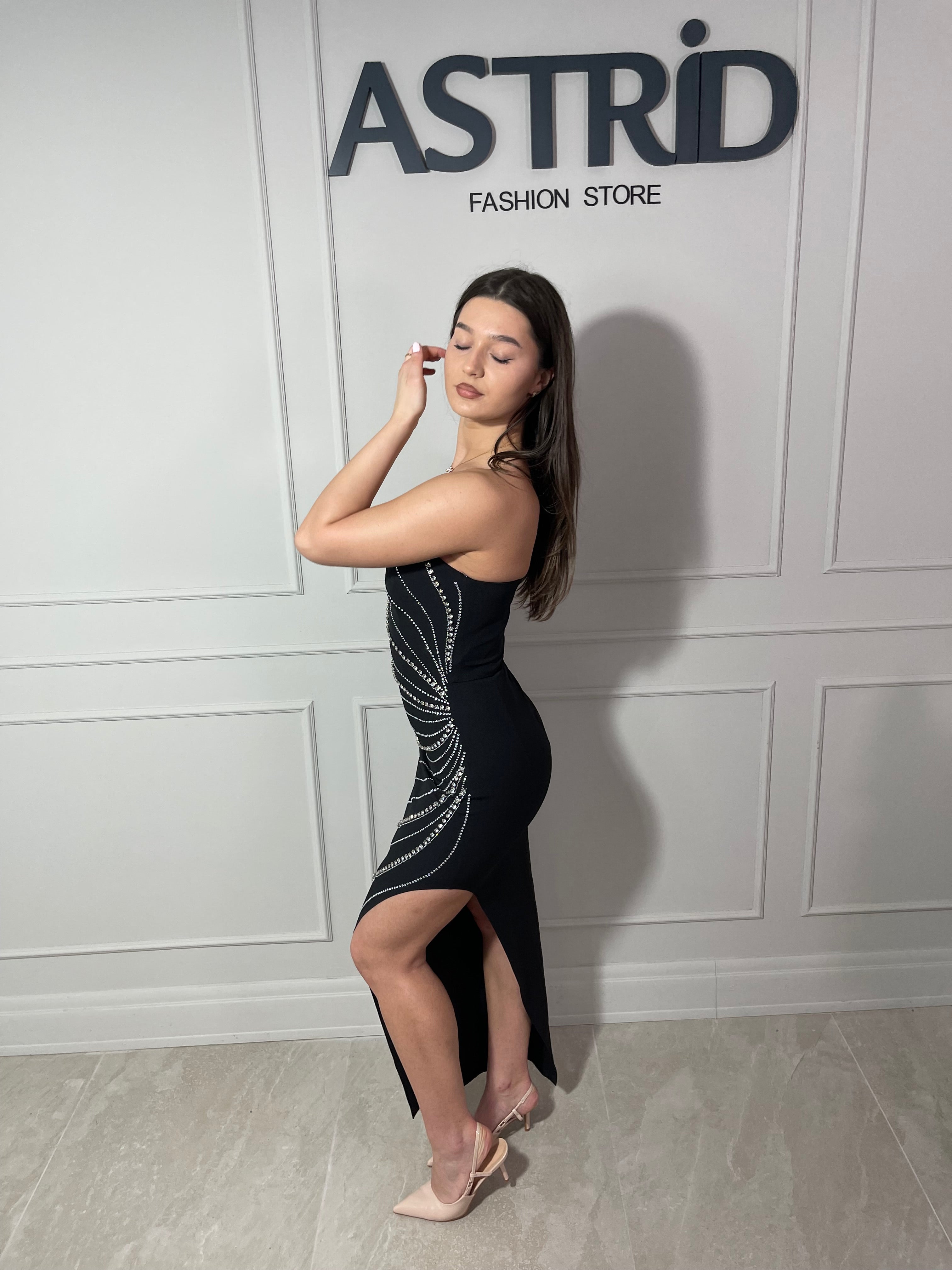 Rochie Cleo midi cu crăpătură laterală și aplicații pietre