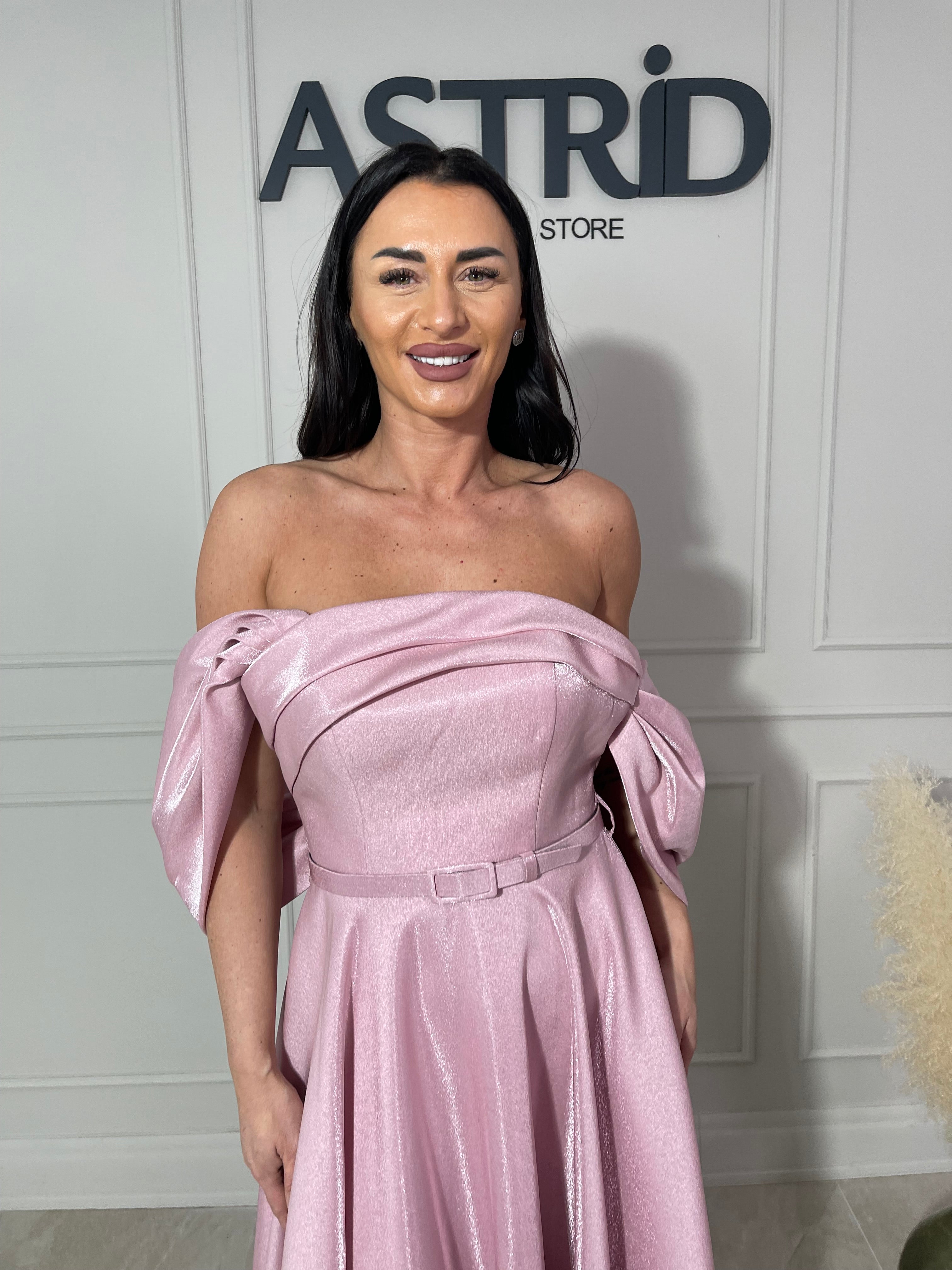 Rochie Monique midi din tafta cu decolteu tip bărcuță