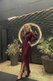 Rochie Edwina midi din bandaj cu maneca lunga si franjuri