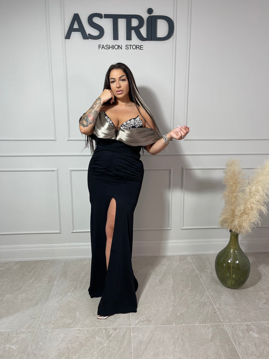 Rochie Elegance lungă aplicații pietre la bust mâneci căzute și crăpătură pe picior