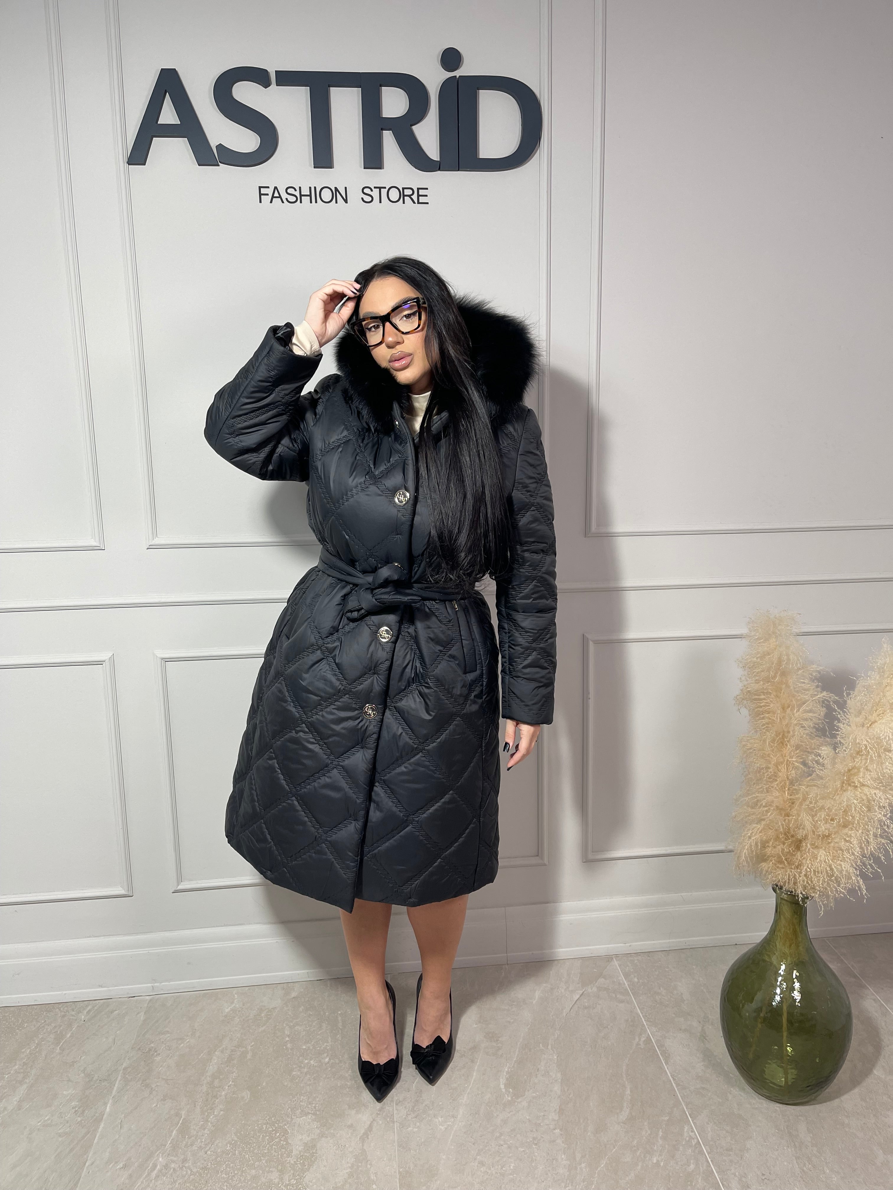 Geaca Mira lungă cu capse și cordon în talie