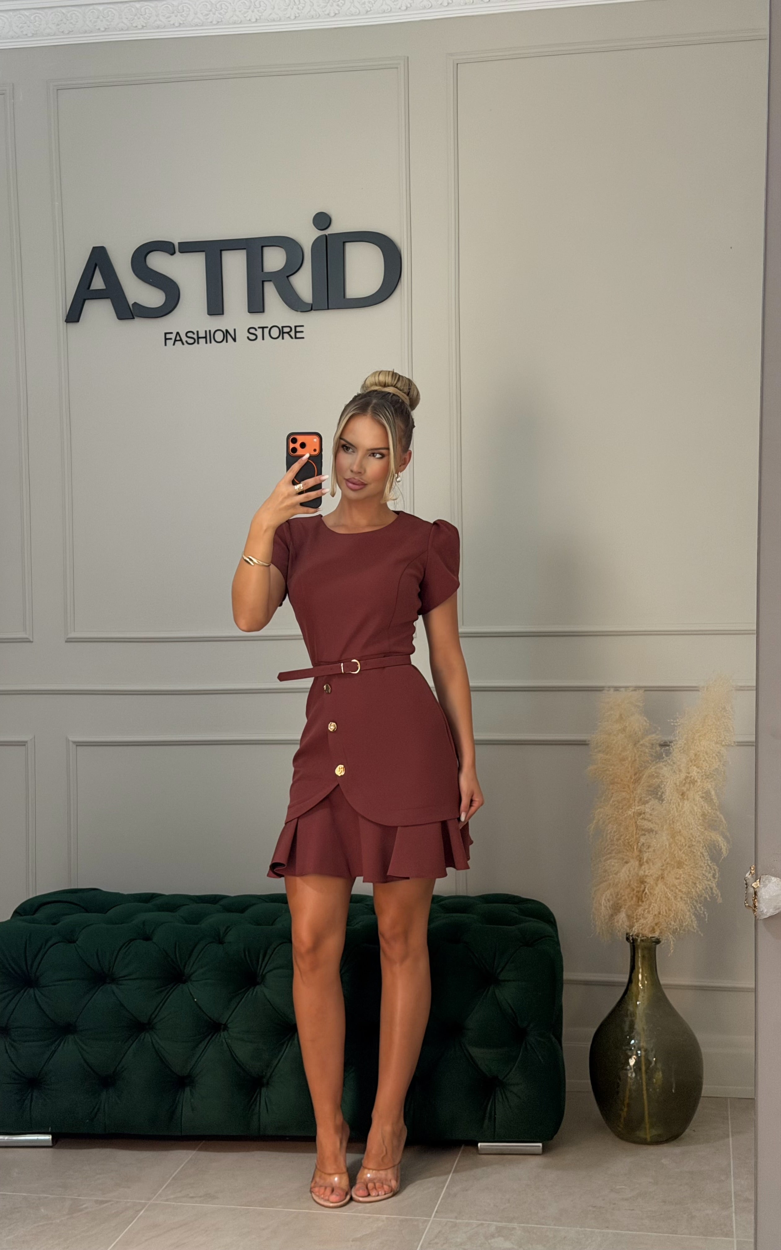 Rochie Asena scurta tip sacou cu volan si nasturi aurii