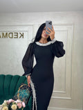 Rochie Nancy midi cu aplicatii perle albe si maneci lungi din voal