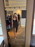 Rochie Adela midi cu aplicatii pietre argintii si umeri tip barcuta