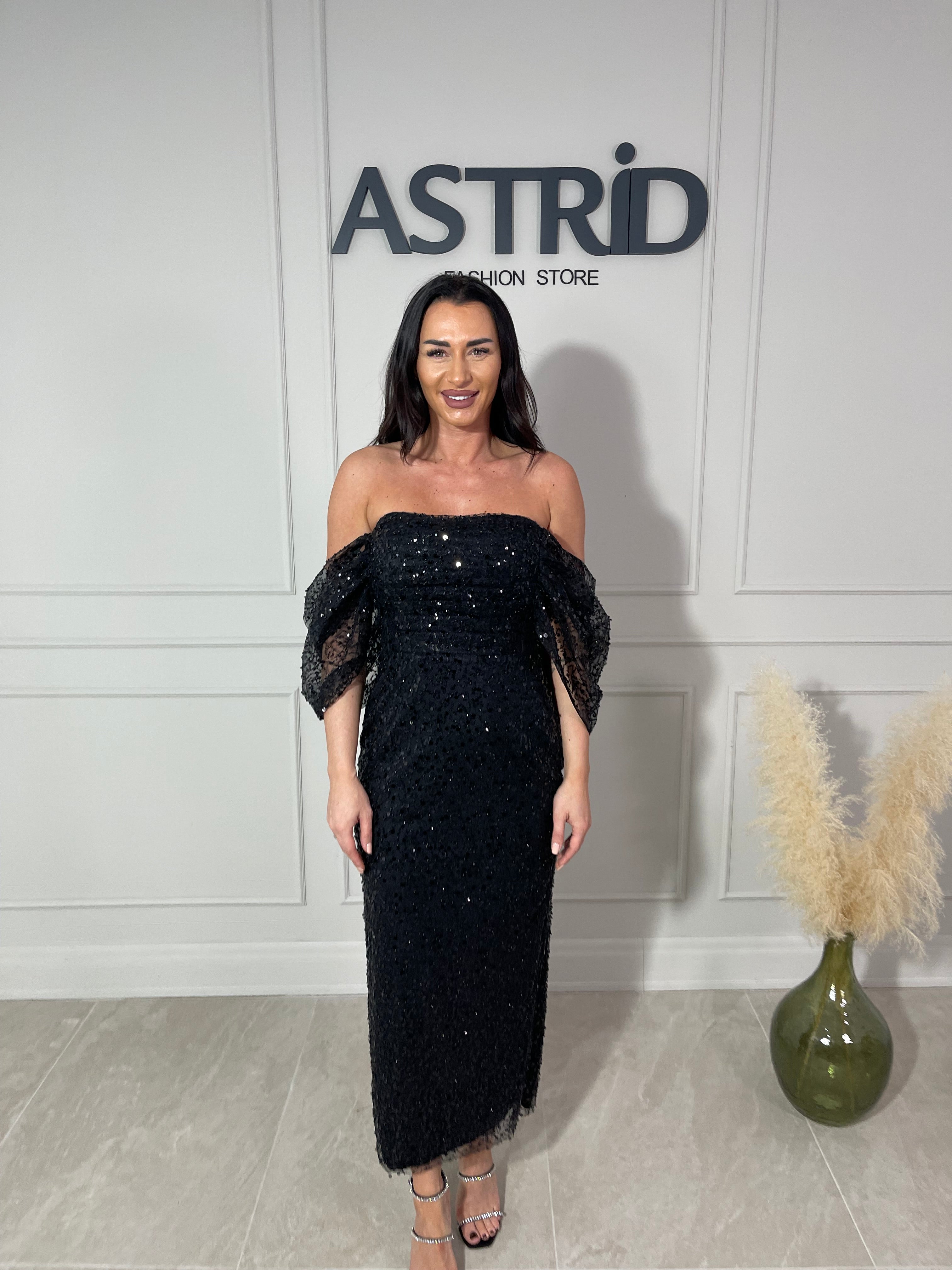 Rochie Opal midi din paiete cu mânecă căzută