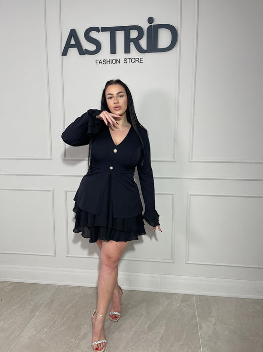 Rochie Emma scurtă, elegantă și versatila, cu mâneci lungi și decolteu în V.