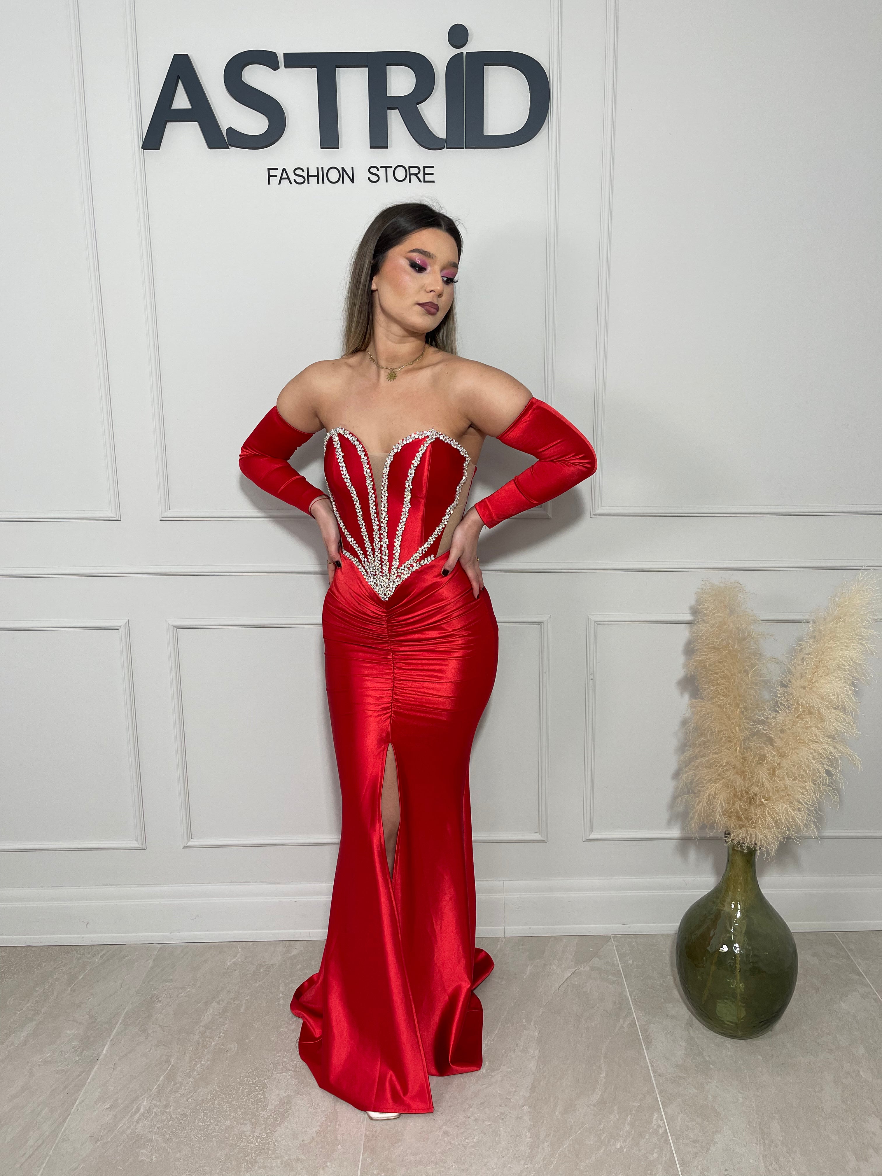 Rochie Aura lungă, evidențiază elegant silueta. Corset cu detalii strălucitoare și mănuși.