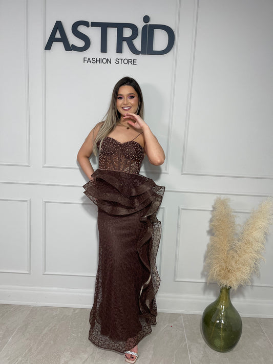 Rochie Paloma lungă tip corset decorat cu pietre și organza în talie