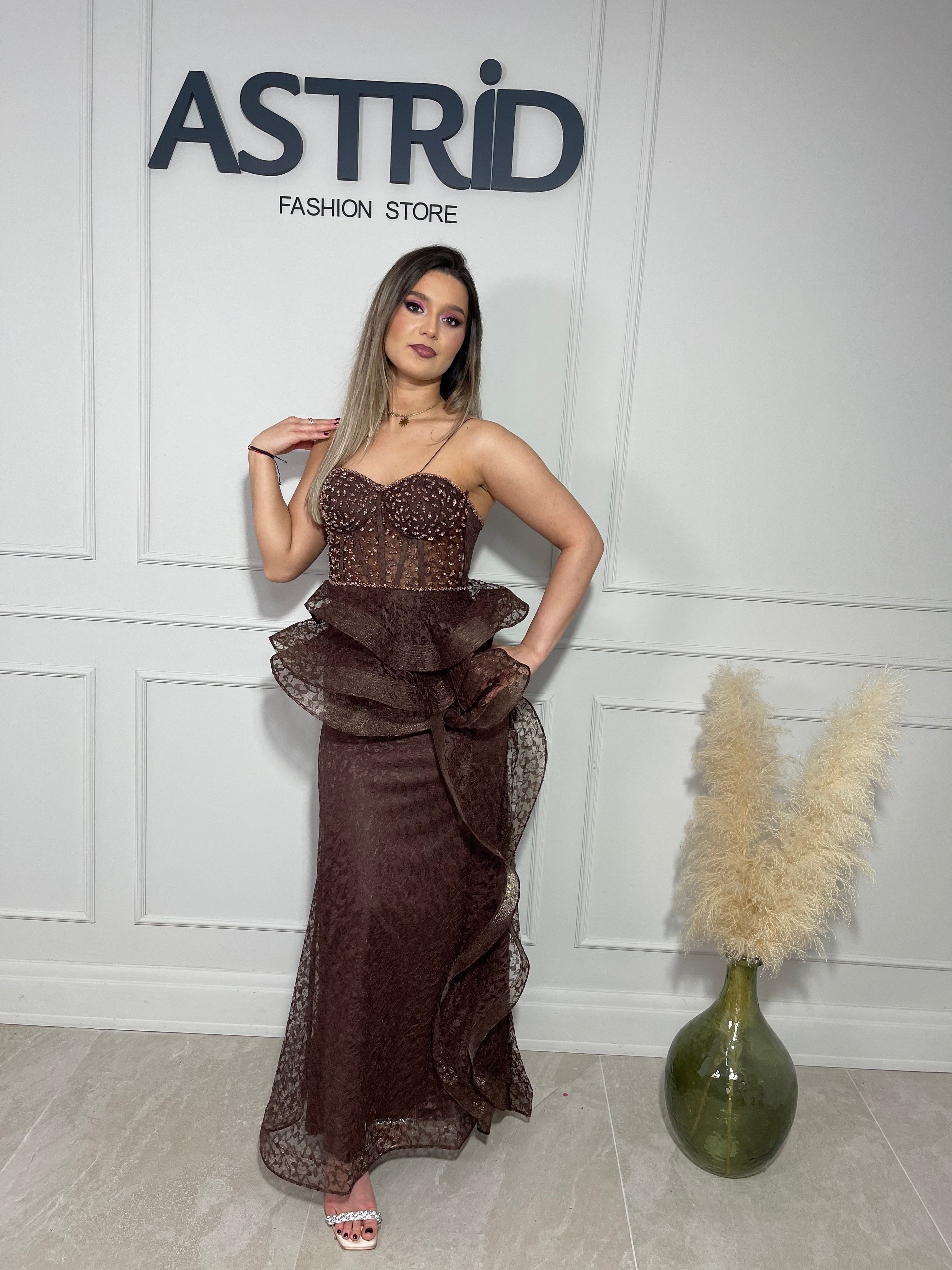 Rochie Paloma lungă tip corset decorat cu pietre și organza în talie