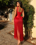 Rochie Thalia midi din bandaj cu aplicatii flori 3D in talie si franjuri