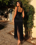 Rochie Thalia midi din bandaj cu aplicatii flori 3D in talie si franjuri