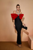 Rochie Nadia lunga din bandaj cu accesorii la gat si umeri tip barcuta