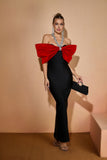 Rochie Nadia lunga din bandaj cu accesorii la gat si umeri tip barcuta