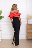 Rochie Nadia lunga din bandaj cu accesorii la gat si umeri tip barcuta