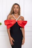 Rochie Nadia lunga din bandaj cu accesorii la gat si umeri tip barcuta