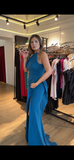 Rochie Blue lunga cu drapaj in talie si corset in colt