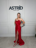 Rochie Rosie lunga cu falduri in talie si corset reglabil cu pietre