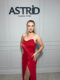 Rochie Rosie lunga cu falduri in talie si corset reglabil cu pietre