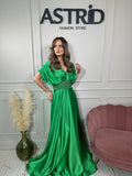 Rochie Leny satin  lunga verde cu pitre in talie