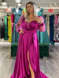 Rochie Emma lunga din satin cu maneci din tiul curea in talie si accesorizata cu pietre pe umar.