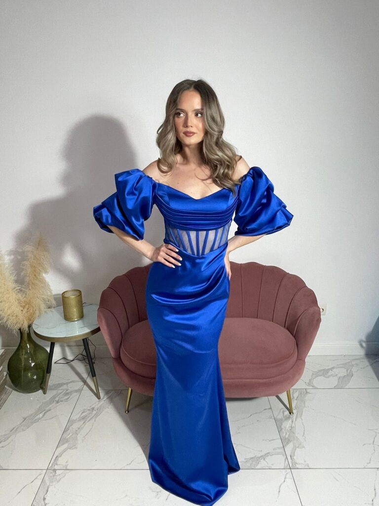 Rochie Zaia lunga maneci bufante tip corset si falduri la bust