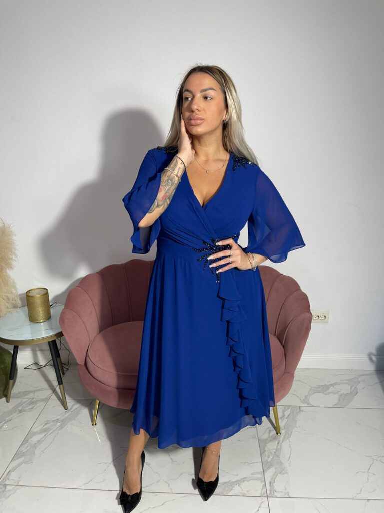 Rochie Dia midi din voal maneca clopot falduri la bust si accesoriu talie