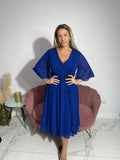 Rochie Dia midi din voal maneca clopot falduri la bust si accesoriu talie