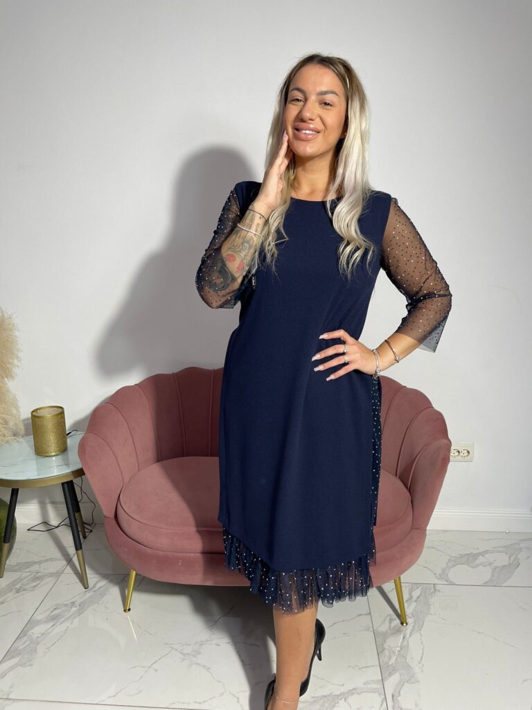 Rochie Helga midi cu maneca 3/4 din tiul si aplicatii pietre